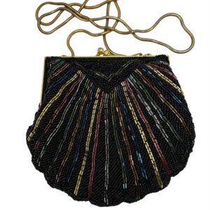 Vintage Carla Marchi Beaded Clam Shell Evening Purse Handbag Black